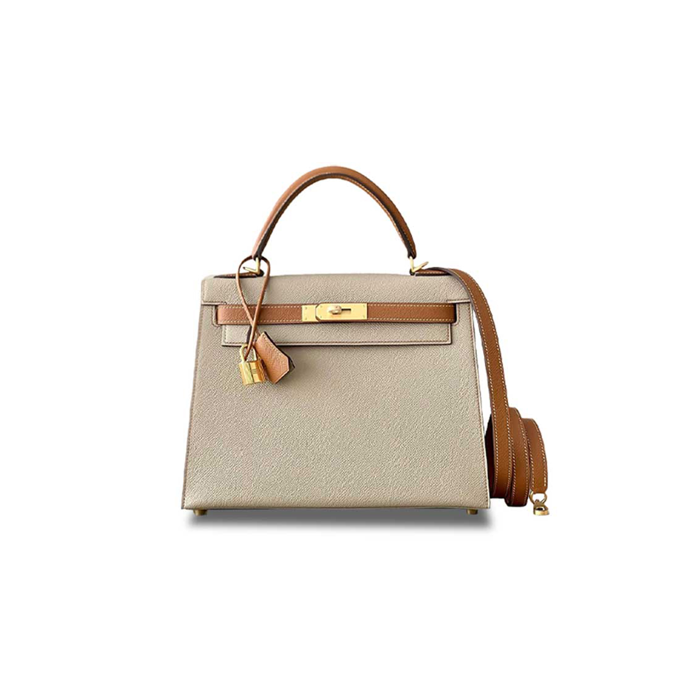 H**mes master kelly 25 epsom trench coat gray with gold brown gold buckle (25*17*7cm)